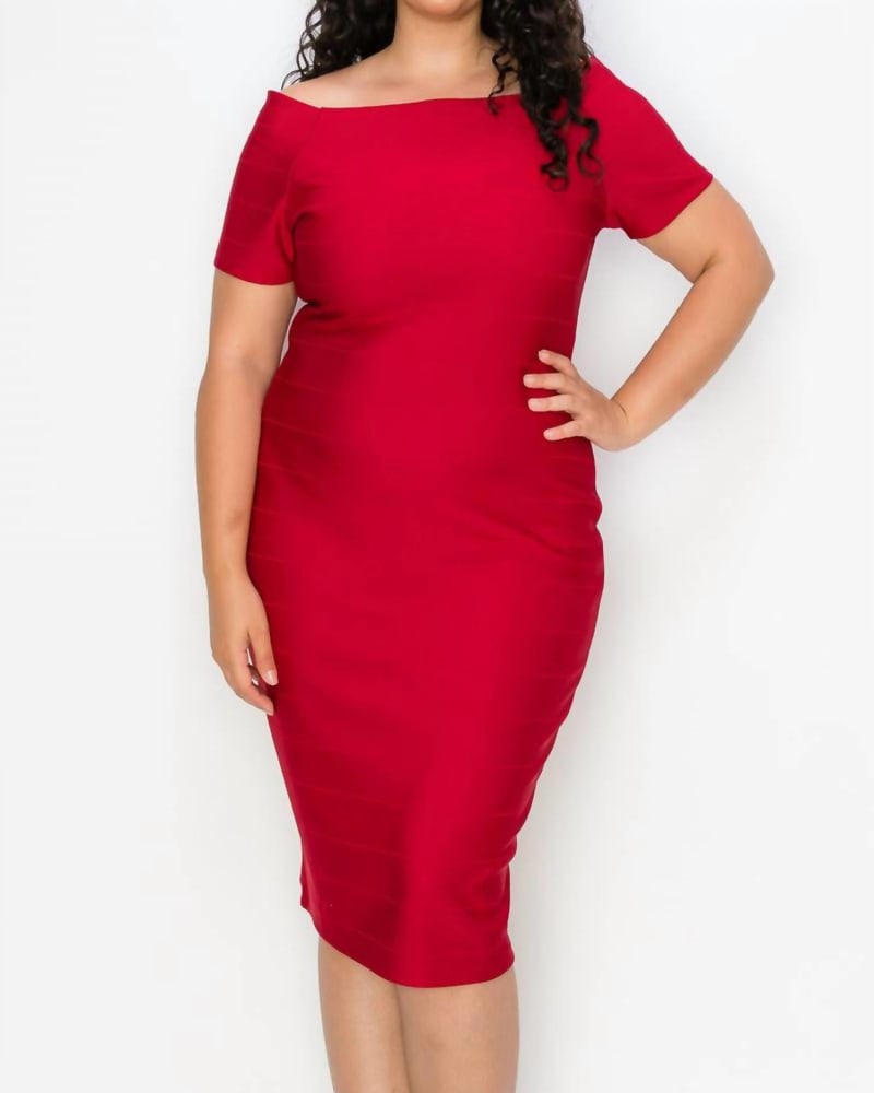 Front of a model wearing a size 2XL Plus Off-Shoulder Slit Bandage Dress in Red in Red by Haute Monde. | dia_product_style_image_id:335855